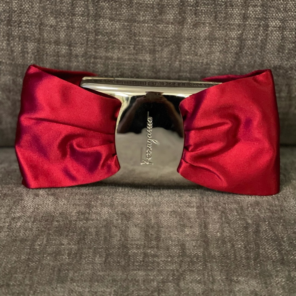 New Salvatore Ferragamo Red Satin and Silver Metal Bow Clutch